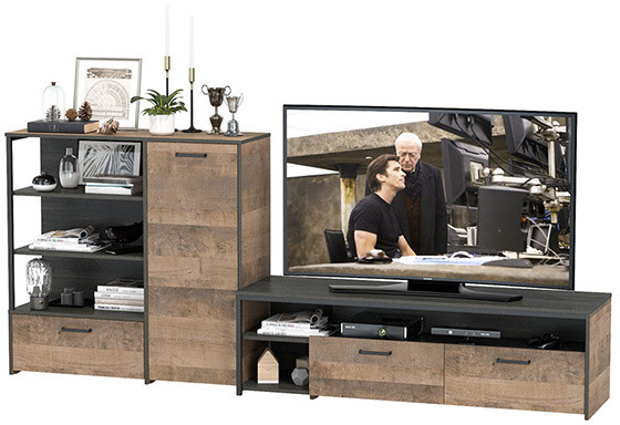 Трувор 13.70 Тумба под ТВ + 13.307.01 Комод, цвет дуб гранж песочный/интра, ШхГхВ 258,8х45,4х106,9 см., универсальная сборка