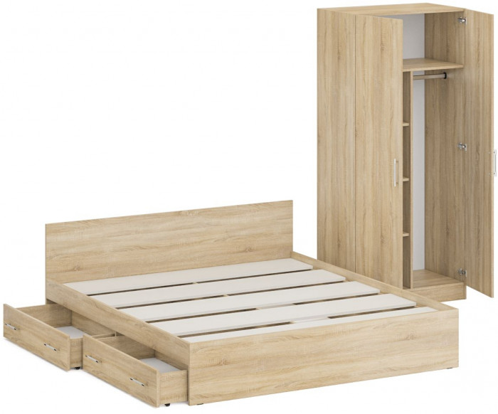 Кровать с ящиками 1800 + Шкаф 2-х створчатый Стандарт, цвет дуб сонома, ШхГхВ 183,5х203,5х70 + 90х52х200 см., сп.м. 1800х2000 мм., б/м, основание есть