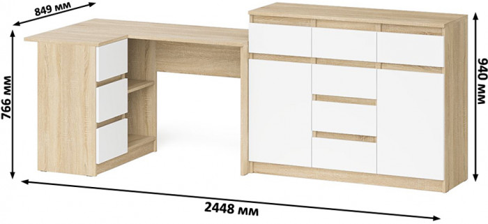 Мори компьютерный стол МС-16 левый + Комод МК1200.4, дуб сонома/белый