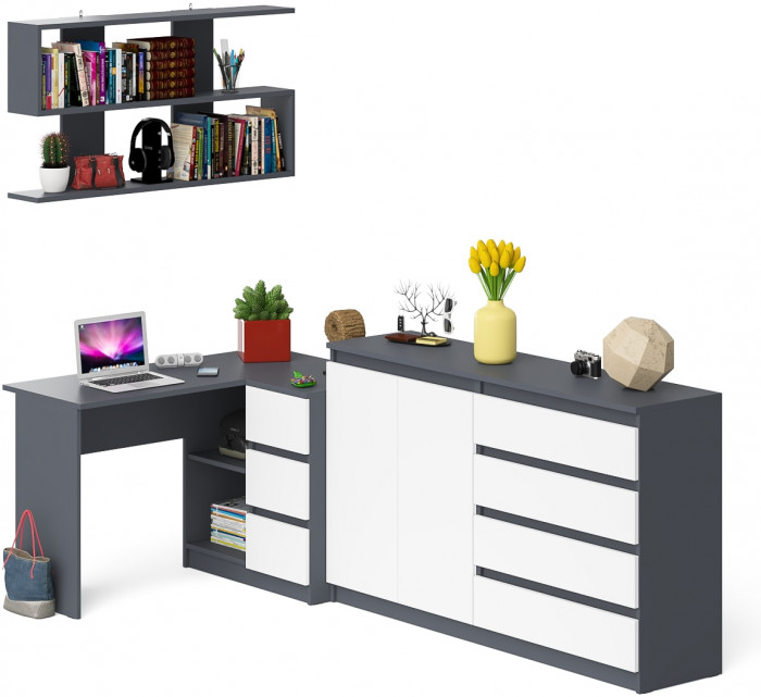 Мори компьютерный стол МС-16 правый + Комод МК1600.1 + Полка 1200, графит/белый