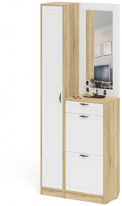 Прихожая П-6 Компоновка № 23, дуб сонома/фасады МДФ белое дерево фрезеровка прованс