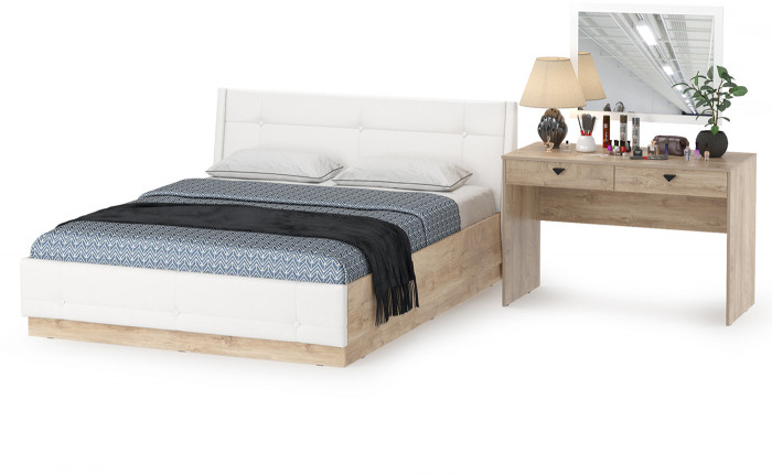 Муссон Кровать 11.28 + подъёмный ортопед + Бостон 12.69 + Зеркало СВК, цвет белый/дуб эндгрейн элегантный/кожзам белый, сп. м. 1600х2000 мм., б/м