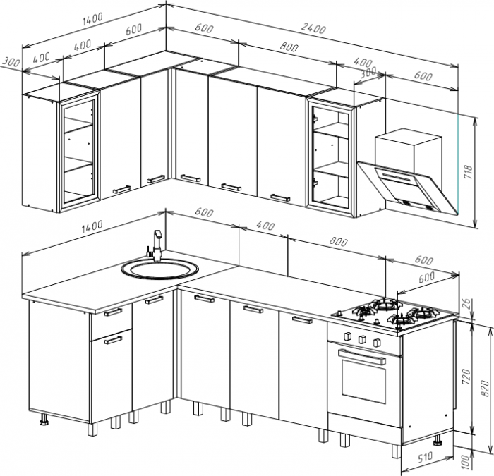 Кухня Техно 1,4х2,4м Компоновка №9, Крафт золотой/Кашемир