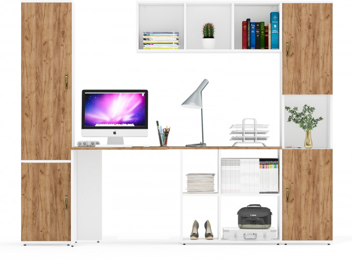 Лидер-8 Пенал МД 21Б + Стол + Полка + Пенал, белый шагрень/крафт золото