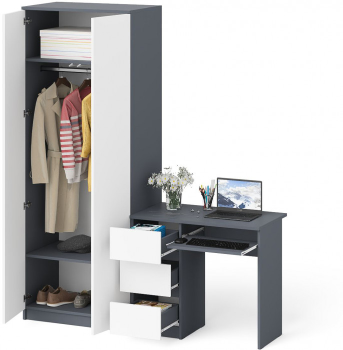 Мори компьютерный стол МС-6 левый + Шкаф МШ800.1, графит/белый