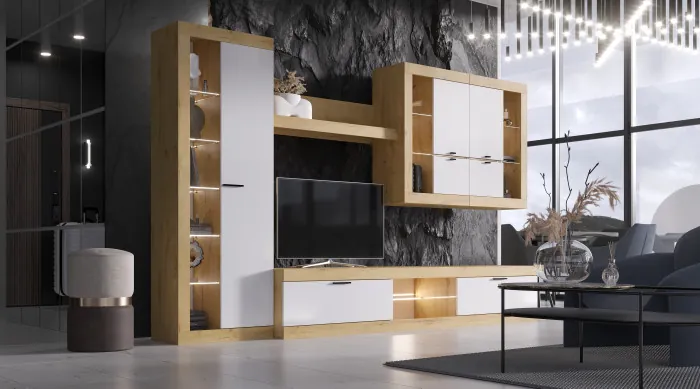 Прага Модульная Гостиная, вариант №2, вотан/Белый глянец