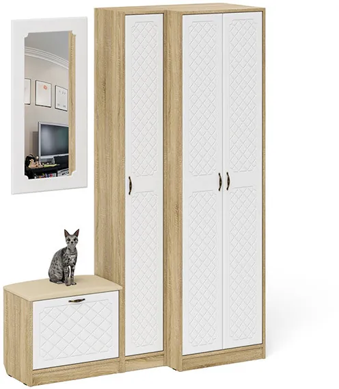 Прихожая П-6 Компоновка № 26, цвет дуб сонома/фасады МДФ белое дерево фрезеровка ромб, ШхГхВ 150х50х210 см., универсальная сборка