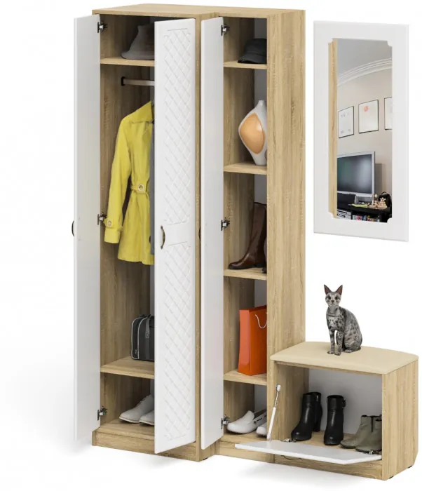 Прихожая П-6 Компоновка № 26, цвет дуб сонома/фасады МДФ белое дерево фрезеровка ромб, ШхГхВ 150х50х210 см., универсальная сборка