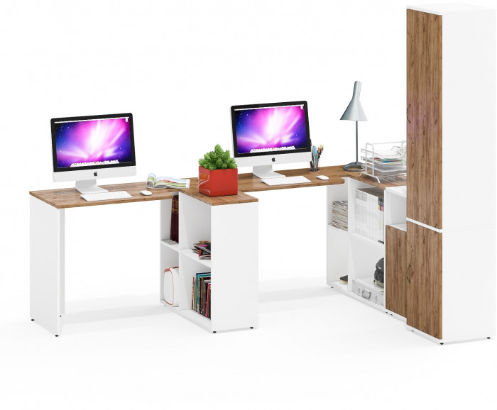 Лидер-8 Стол + Стол + Пенал МД 22Б + Тумба МД 3.19, цвет белый шагрень/крафт золото, ШхГхВ 410х50/37,5х75/190 или 230х160/50х75/190 см., НЕ ун. сб.