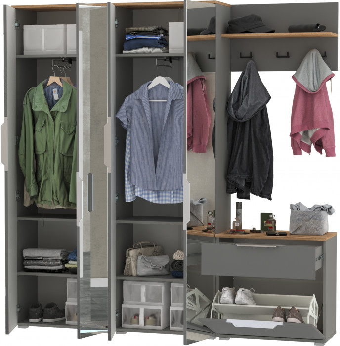 Октава Прихожая 25, цвет серый графит/дуб крафт золотой/фасады МДФ серый графит, ШхГхВ 193,7х35,4х197,6 см., универсальная сборка