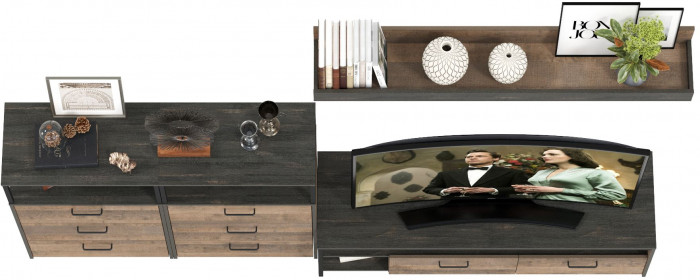 Трувор 13.70 Тумба под ТВ + 13.307.02 Комод + 13.307.02 Комод + 15.60 Полка, цвет дуб гранж песочный/интра, ШхГхВ 281,8х45,4х195 см., универс. сборка