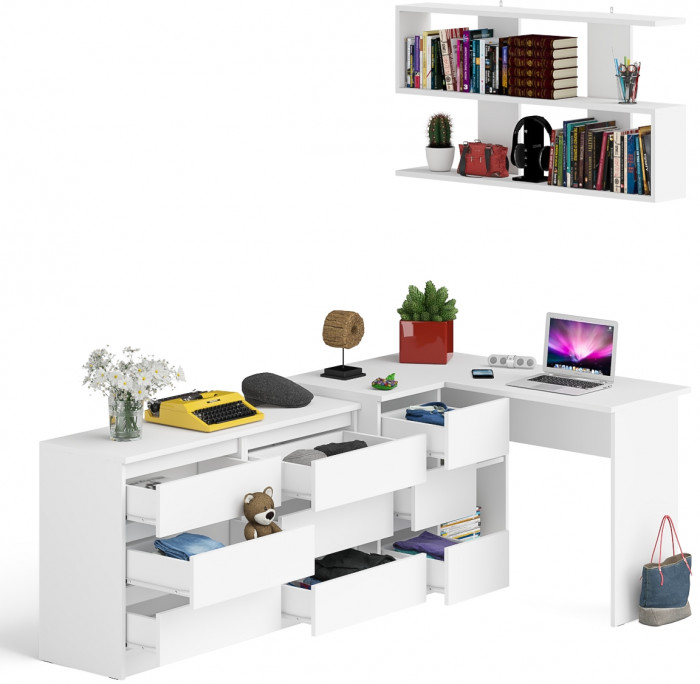 Мори компьютерный стол МС-16 левый + Комод МК1200.6 + Полка 1200, белый