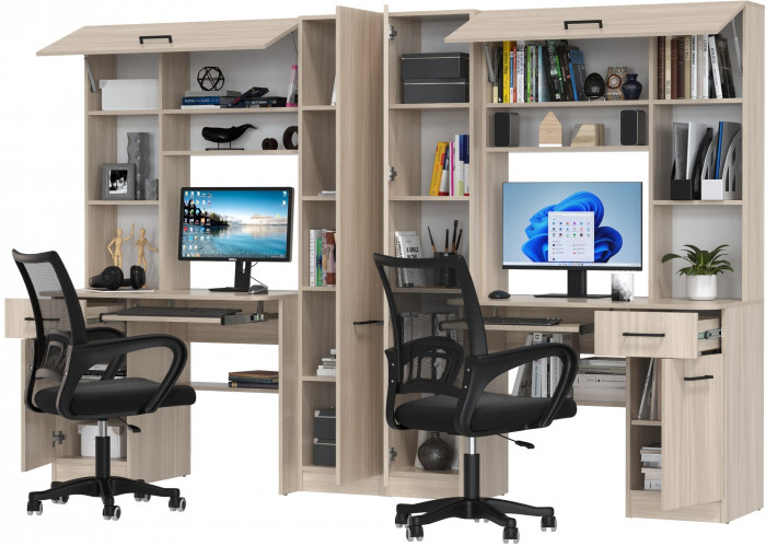 Два стола рабочих 6-0603 Альфа + два кресла 103 чёрных, цвет ясень шимо светлый, ШхГхВ 274х61х181 см., универсальная сборка