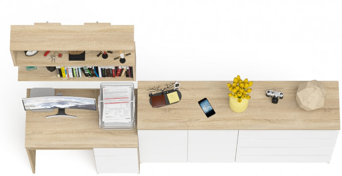 Мори Стол компьютерный МС-1 правый + Комод МК1600.1 + Полка 900, цвет дуб сонома/белый, ШхГхВ 250,4х50х209,6 см., НЕ универсальная сборка