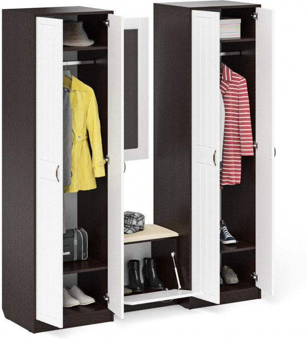 Прихожая П-6 Компоновка № 08, цвет венге/фасады МДФ белое дерево фрезеровка прованс, ШхГхВ 180х50х210 см., универсальная сборка