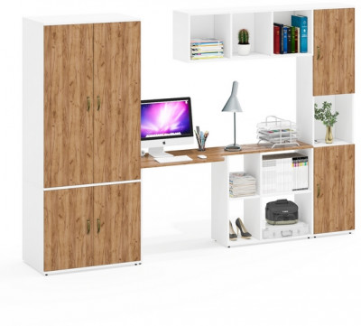 Лидер-8 Шкаф МД 19Б + Стол + Полка + Пенал, белый шагрень/крафт золото