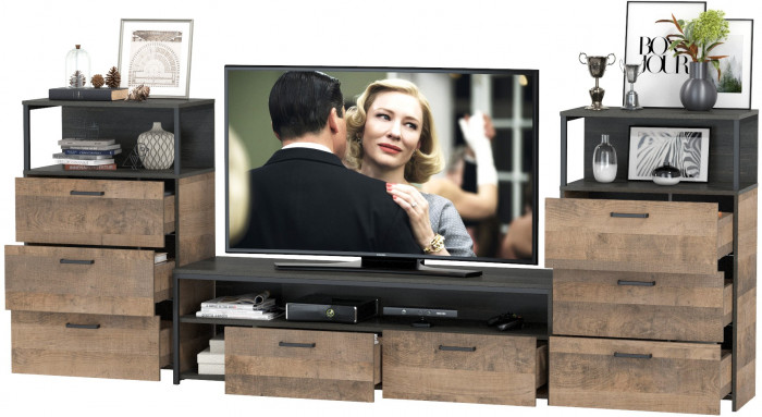 Трувор 13.70 Тумба под ТВ + 13.307.02 Комод + 13.307.02 Комод, цвет дуб гранж песочный/интра, ШхГхВ 281,8х45,4х106,9 см., универсальная сборка