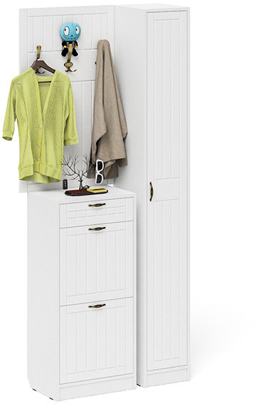 Прихожая П-6 Компоновка № 24, белая шагрень/фасады МДФ белое дерево фрезеровка прованс