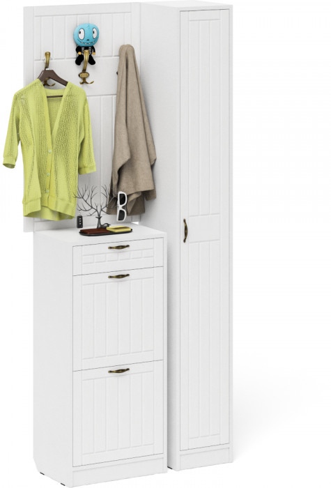 Прихожая П-6 Компоновка № 24, белая шагрень/фасады МДФ белое дерево фрезеровка прованс