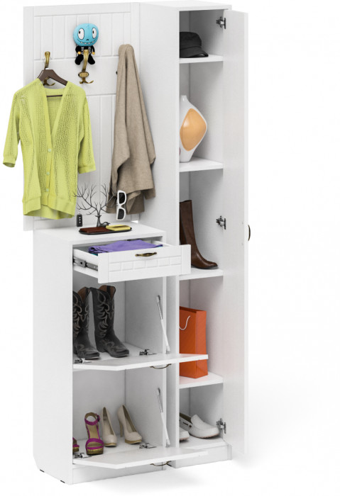 Прихожая П-6 Компоновка № 24, белая шагрень/фасады МДФ белое дерево фрезеровка прованс