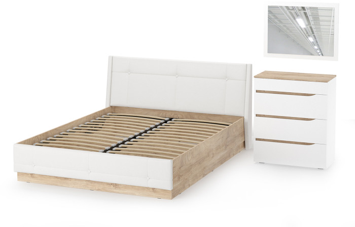 Муссон Кровать 11.28 + подъёмный ортопед + Комод 13.97 + Зеркало СВК, цвет белый/дуб эндгрейн элегантный/кожзам белый, сп. м. 1600х2000 мм., б/м