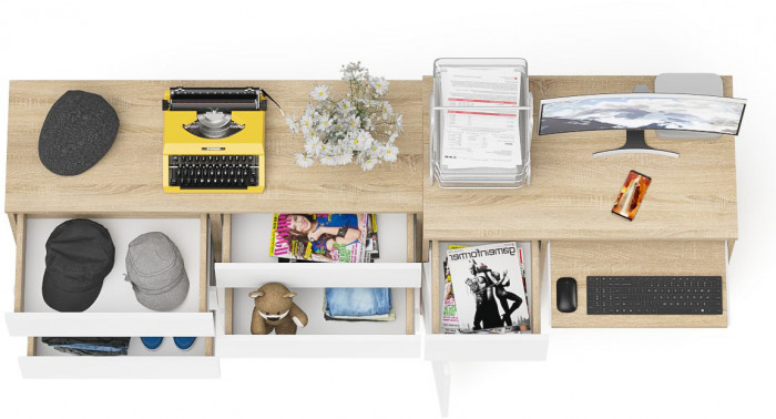 Мори компьютерный стол МС-1 левый + Комод МК1200.6, дуб сонома/белый