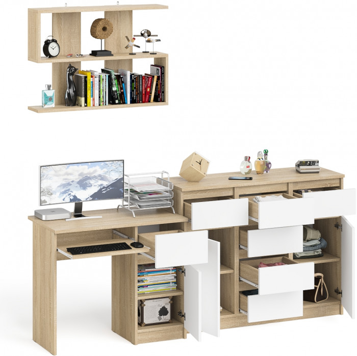 Мори компьютерный стол МС-1 правый + Комод МК1200.4 + Полка 900, дуб сонома/белый