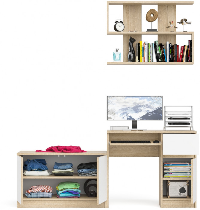Мори компьютерный стол МС-1 правый + Тумба МА900.1 + Полка 900, дуб сонома/белый