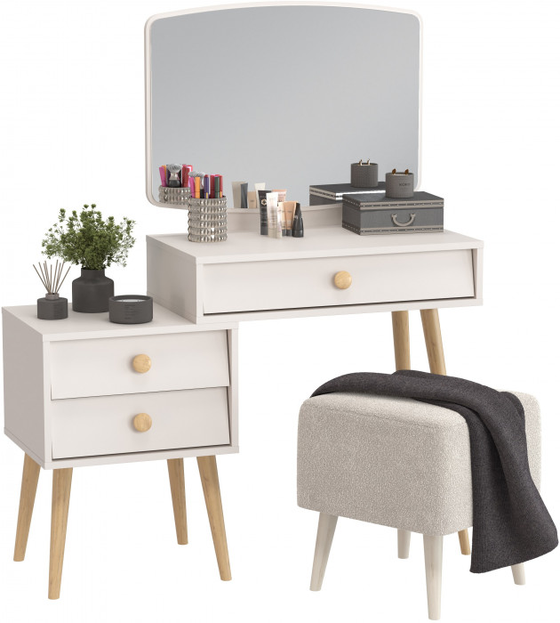 Афина Спальня 4-25901М1к.с. Трюмо + Банкетка 6-5133ТКВмол Куби, цвет кашемир серый/ткань молоко, ШхГхВ 105х38,6х129 + 41х41х45 см., универс. сб.