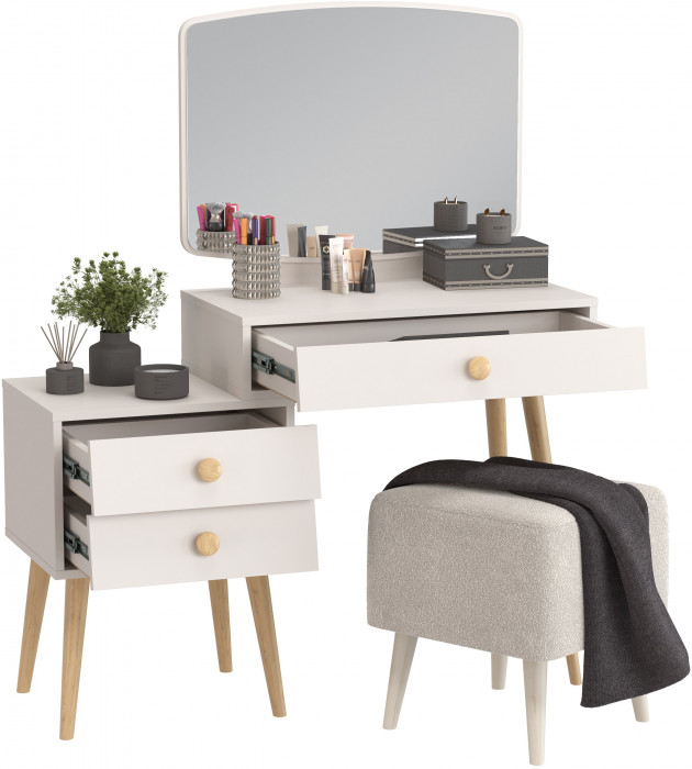 Афина Спальня 4-25901М1к.с. Трюмо + Банкетка 6-5133ТКВмол Куби, цвет кашемир серый/ткань молоко, ШхГхВ 105х38,6х129 + 41х41х45 см., универс. сб.