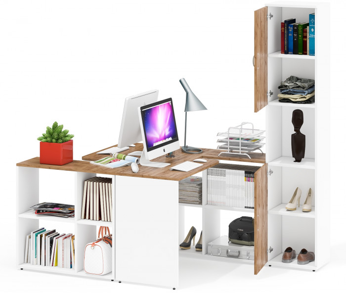 Лидер-8 Стол + Стол + Пенал, цвет белый шагрень/крафт золото, ШхГхВ 370х50/30х75/190 см. или 230х50/120х75/190 см., НЕ универсальная сборка