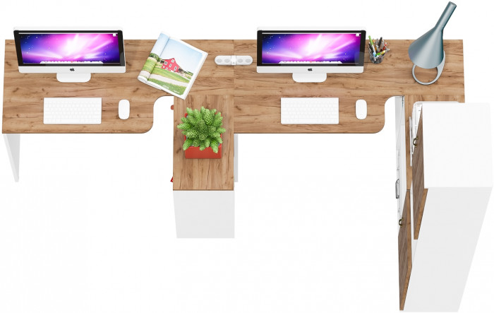 Лидер-8 Стол + Стол + Пенал, цвет белый шагрень/крафт золото, ШхГхВ 370х50/30х75/190 см. или 230х50/120х75/190 см., НЕ универсальная сборка