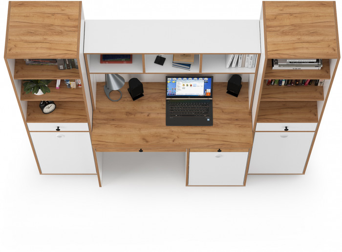 Вуди Компоновка № 07, цвет белый премиум/дуб крафт золотой, ШхГхВ 200х52,7х180,3 см., универсальная сборка