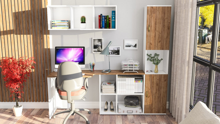 Лидер-8 Стол + Полка + Пенал, белый шагрень/крафт золото