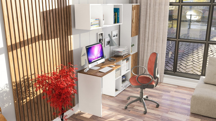 Лидер-8 Стол + Полка + Пенал, белый шагрень/крафт золото