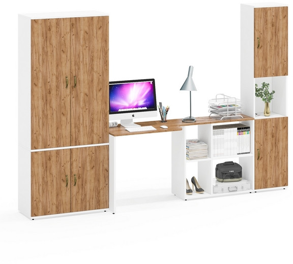 Лидер-8 Шкаф МД 20Б + Стол + Пенал, белый шагрень/крафт золото