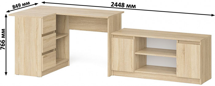 Мори компьютерный стол МС-16 левый + Тумба МТВ1200.1, дуб сонома