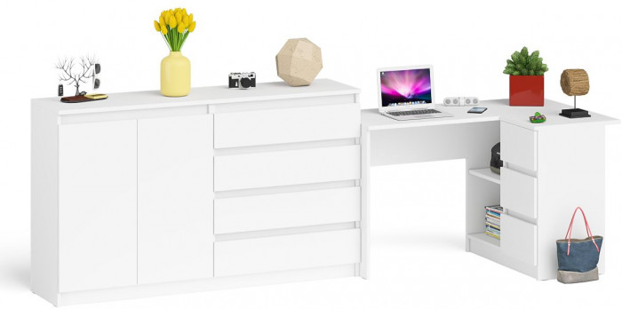 Мори компьютерный стол МС-16 правый + Комод МК1600.1, белый