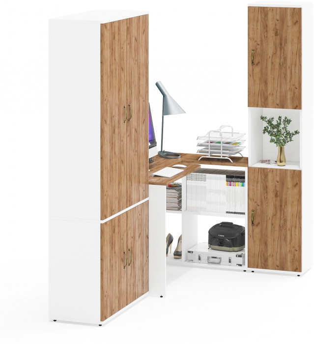 Лидер-8 Шкаф МД 20Б + Стол + Пенал, цвет белый шагрень/крафт золото, ШхГхВ 285х50/37,5х75/190 или 195х120х75/190 см., НЕ универсальная сборка