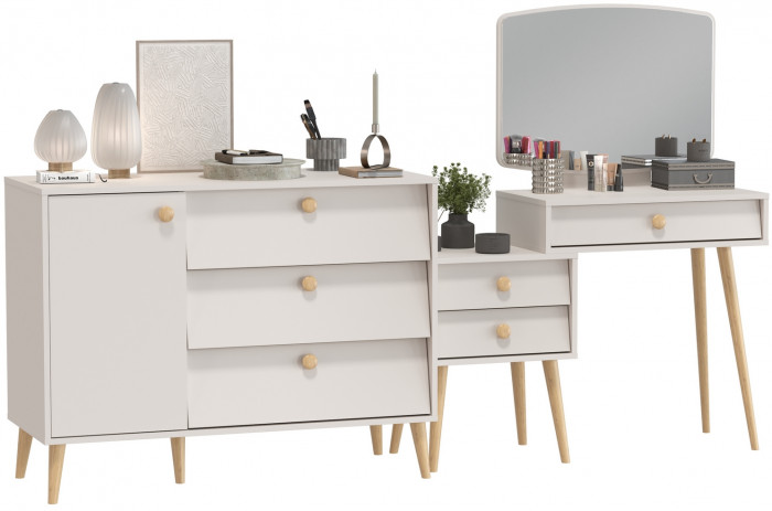 Афина Спальня Трюмо + Комод с дверкой и тремя ящиками, цвет кашемир серый, ШхГхВ 105х38,6х129 + 110х45,3х83 см., универсальная сборка