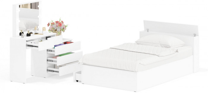 Ксения Кровать с ящиками 1200 + Стол косметический с подсветкой 110, белый