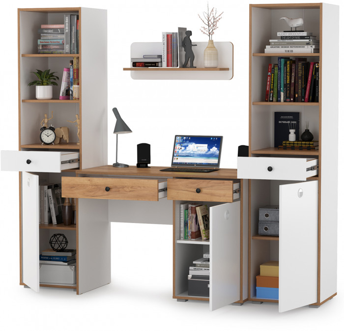 Вуди Компоновка № 08, цвет белый премиум/дуб крафт золотой, ШхГхВ 200х52,7х180,3 см., универсальная сборка