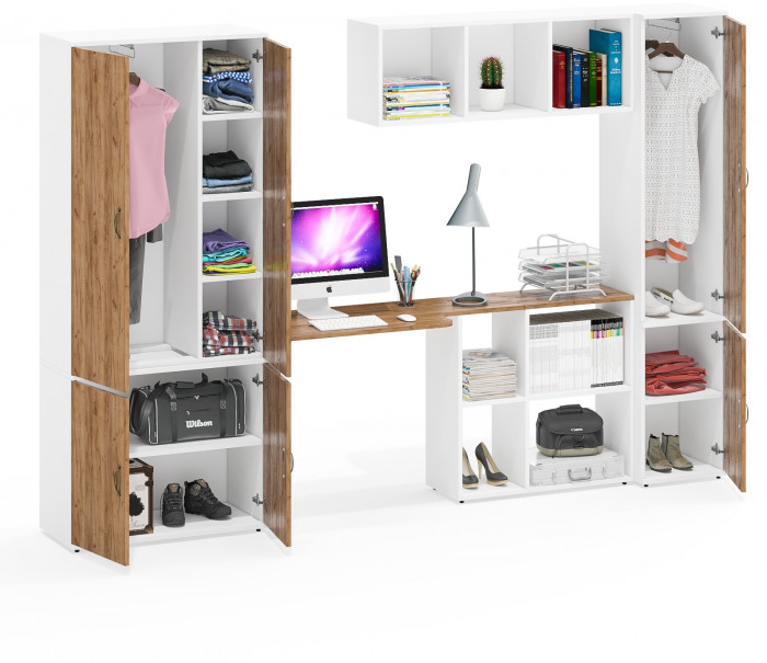 Лидер-8 Шкаф МД 20Б + Стол + Полка + Пенал 21Б, белый шагрень/крафт золото