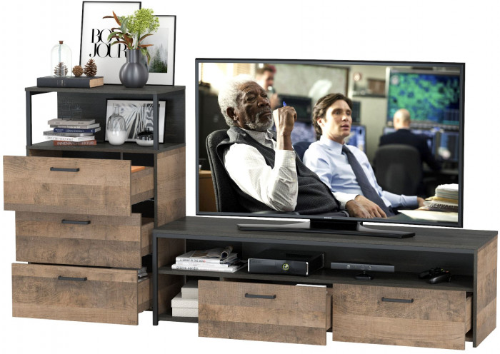 Трувор 13.70 Тумба под ТВ + 13.307.02 Комод с ящиками, цвет дуб гранж песочный/интра, ШхГхВ 215,8х45,4х106,9 см., универсальная сборка