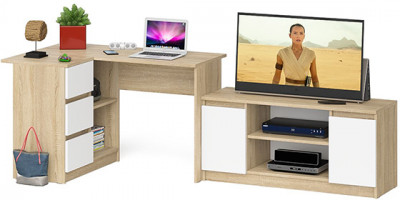Мори компьютерный стол МС-16 левый + Тумба МТВ1200.1, дуб сонома/белый