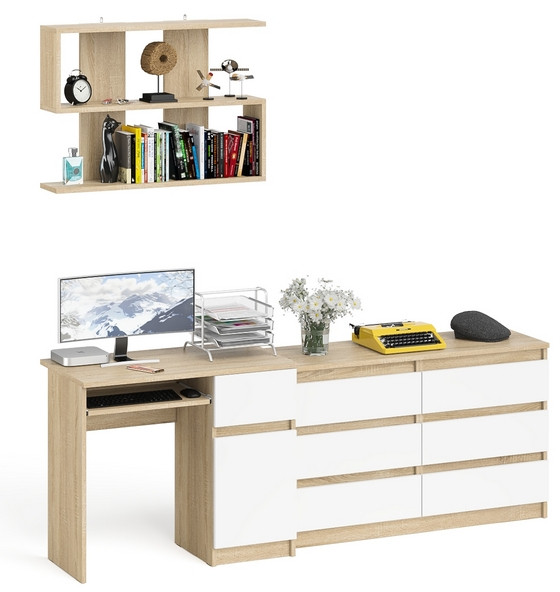 Мори компьютерный стол МС-1 правый + Комод МК1200.6 + Полка 900, дуб сонома/белый