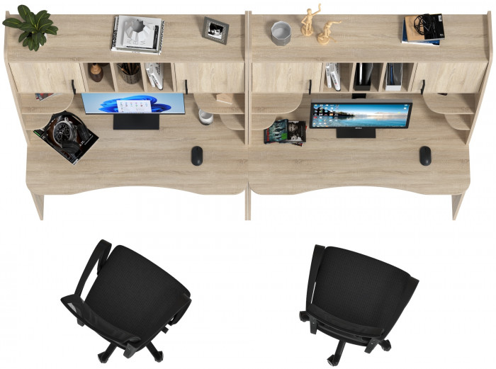 Два стола рабочих 6-0604 Бета + два кресла 103 чёрных, цвет дуб сонома, ШхГхВ 240х60,5х183,5 см.