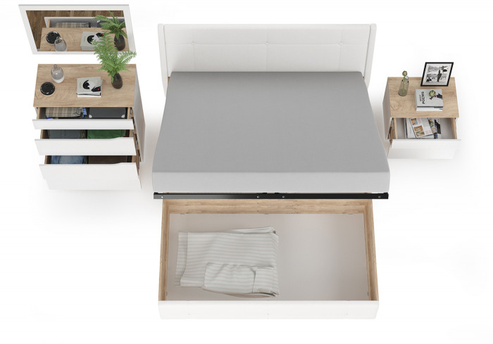 Муссон Кровать 11.28 + подъёмный ортопед + Тумба 16.03 + Комод 13.97 + Зеркало СВК, цвет белый/дуб эндгрейн элегантный/кожзам белый, 1600х2000 мм, б/м