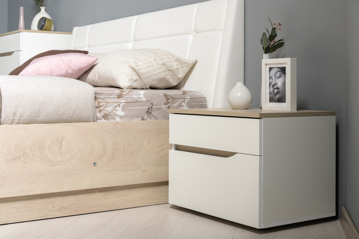Муссон Кровать 11.28 + подъёмный ортопед + Тумба 16.03 + Комод 13.97 + Зеркало СВК, цвет белый/дуб эндгрейн элегантный/кожзам белый, 1600х2000 мм, б/м