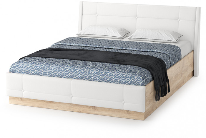 Муссон Кровать 11.28 + подъёмный ортопед + Тумба 16.03 + Комод 13.97 + Зеркало СВК, цвет белый/дуб эндгрейн элегантный/кожзам белый, 1600х2000 мм, б/м